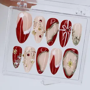 Christmas Press on Nails With Red & Gold Design, Fake Nails in Medium Almond, Handmade Nail Art for Holiday, Birthday or Gift for Her