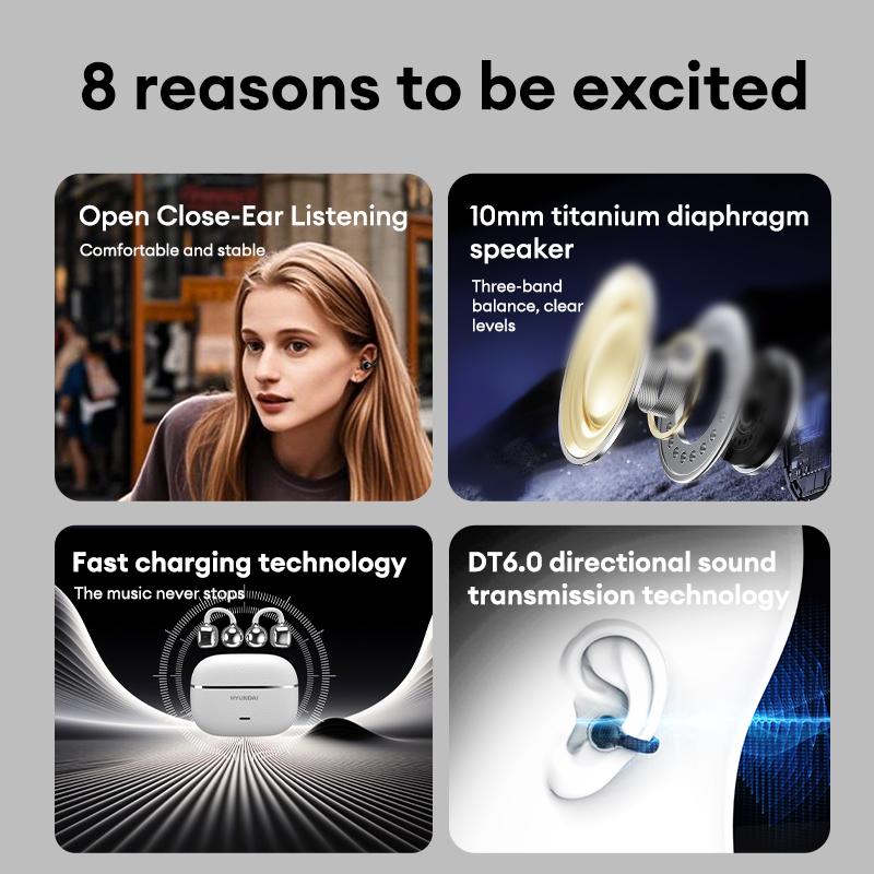 HYUNDAI C03 Clip-On Wireless Headphones with 2025 Bluetooth 6.0 for Faster, Stable Connection & Low Power Use, DT6.0 Pulse Directional Tech, 360° ACS Panoramic Sound, IPX5 Waterproof Electronic Headset Earbuds for Music & Calls, Comfortable for Sports