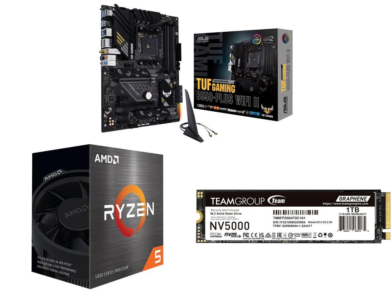 ASUS TUF GAMING B550-PLUS WIFI II AM4 ATX Motherboard, AMD Ryzen 5 5500 6-Core 3.6 GHz CPU, Team Group NV5000 M.2 2280 1TB PCIe 4.0 x4 NVMe SSD