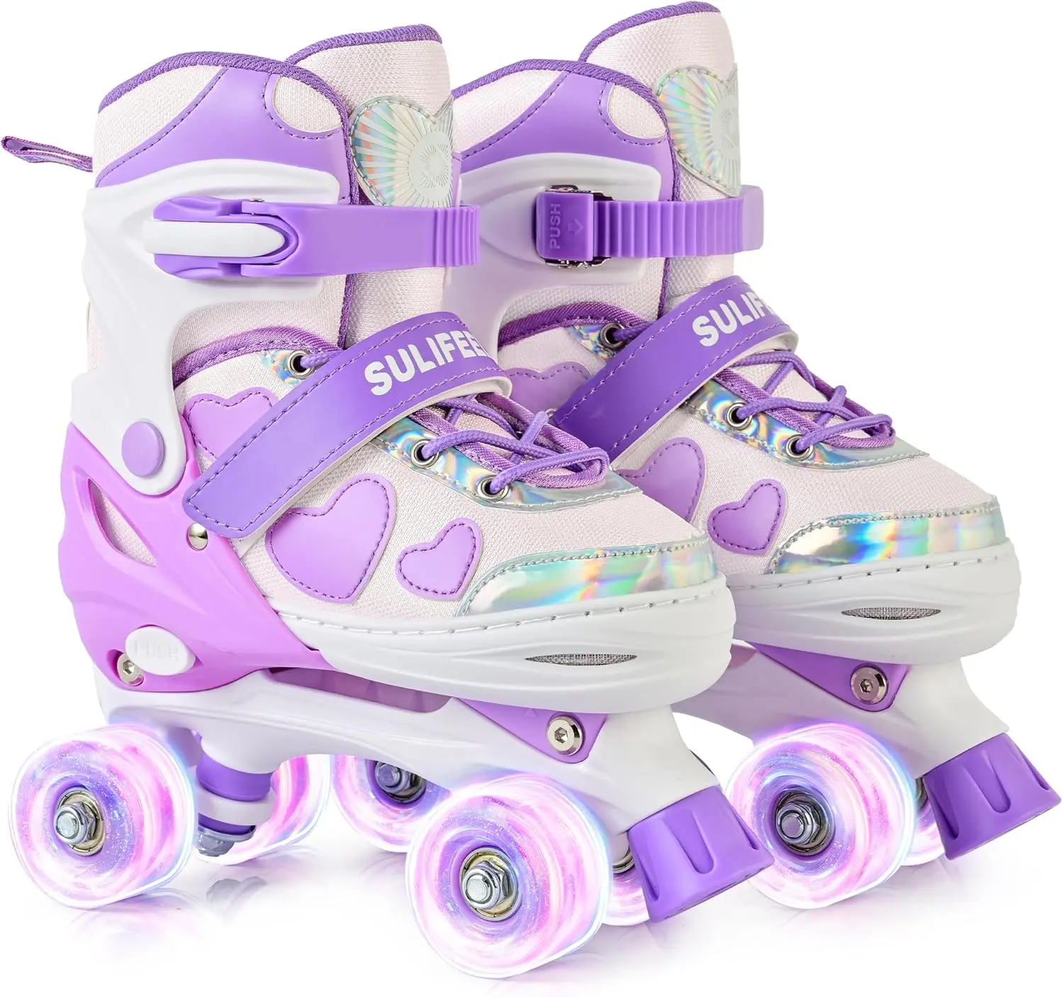 SULIFEEL Love Hearts 4 Size Adjustable Kids Roller Skates for Ages 3-12 Girls with Fluffy Pom-Poms,Light-Up Wheels & Triple Support Grow with Your Children Birthday Gift for Indoor Outdoor Sports