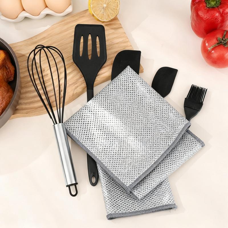 10 Counts Dishwashing Rags 30×30Multipurpose Non-Scratch Wire Dishcloths for Wet and Dry Use, Reusable Wire Cleaning Cloths for Kitchen, Sinks, and Pans Silver Removable, Washable & More Free 5-piece silicone kitchen utensil set (spatula, oil brush, etc.)