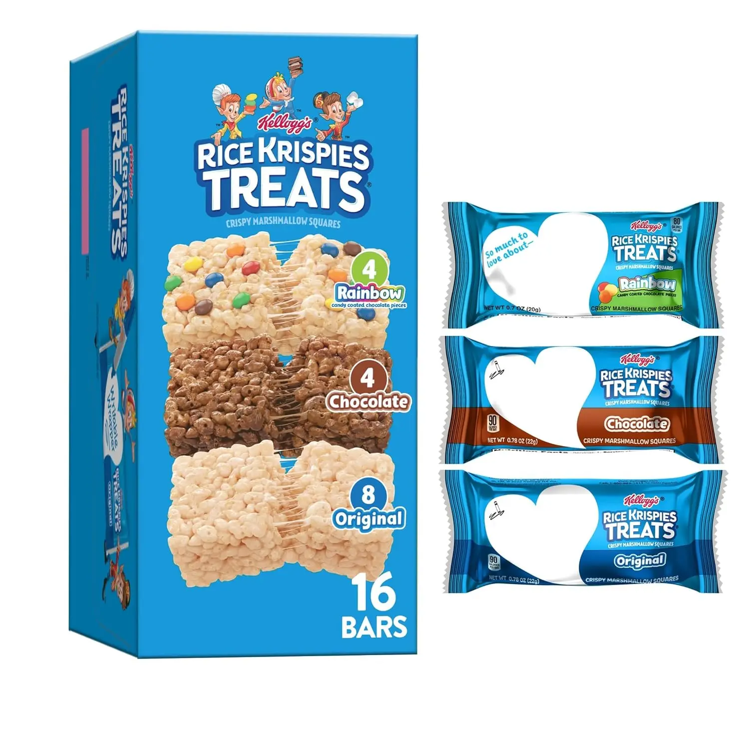Crispy Marshmallow Squares Cereal Treats - Children's Party Treats, Variety Pack Snack Bars, 12.1oz Bag, Calories-Conscious Kids' Cupboard Snacks, Glycerin-Free, 16 Bars