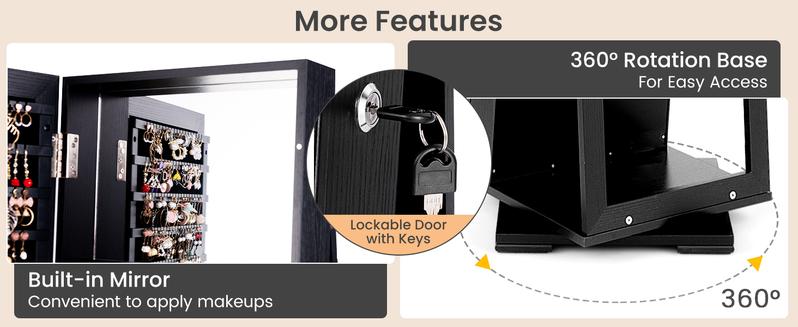 COSTWAY 360° Swivel Jewelry Armoire with Full Length Mirror, Standing Lockable Jewelry Cabinet Organizer, Large Storage Capacity, Inside Makeup Mirror, Back Storage Shelves -costst COSTWAY 360° Swivel Jewelry Armoire with Full Length Mirror, Standing Lockable Jewelry Cabinet Organizer, Large Storage Capacity, Inside Makeup Mirror, Back Storage Shelves -costst