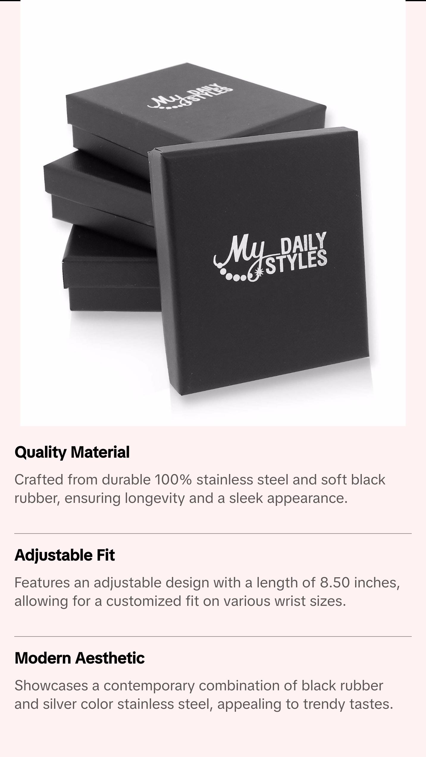 Stainless Steel Black Rubber Silicone Yellow Gold Silver-Tone Men's Bracelet