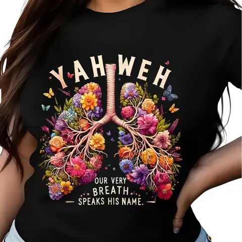 Men's Christian Faith Cotton Crewneck Short-Sleeve T-Shirt - Yahweh Floral Lungs Bible Quote, Faith Art Graphic, Everyday Casual Menswear Top