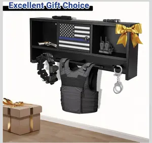 FCD Gear Wall Rack Storage Shelf Organizer Tactical Hanger with Hooks Thin Blue Line Flag Black Body Armor Stand for Quick Access Storage