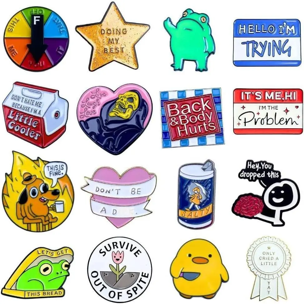 Unisex 16pc Enamel Pins Set - Cute Cartoon & Meme Assortment, Vibrant Graphic Metal Brooches for Teens, Ideal for Backpacks, Jackets & Everyday Wear, Letter Print Novelty Accessories, Casual