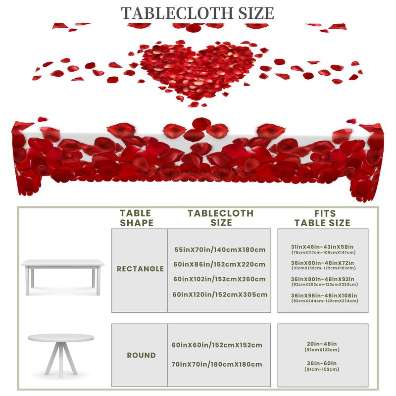 PUFMATE Romantic Valentine's Day Table Cover, Rectangle Round Table Cloth, With Rose Flower Love Heart Print Pattern, Wedding Decor, Candlelight Dinner Table Decoration, Outdoor Garden, Anniversary Party Decoration, Holiday Decoration,Valentine Gifts