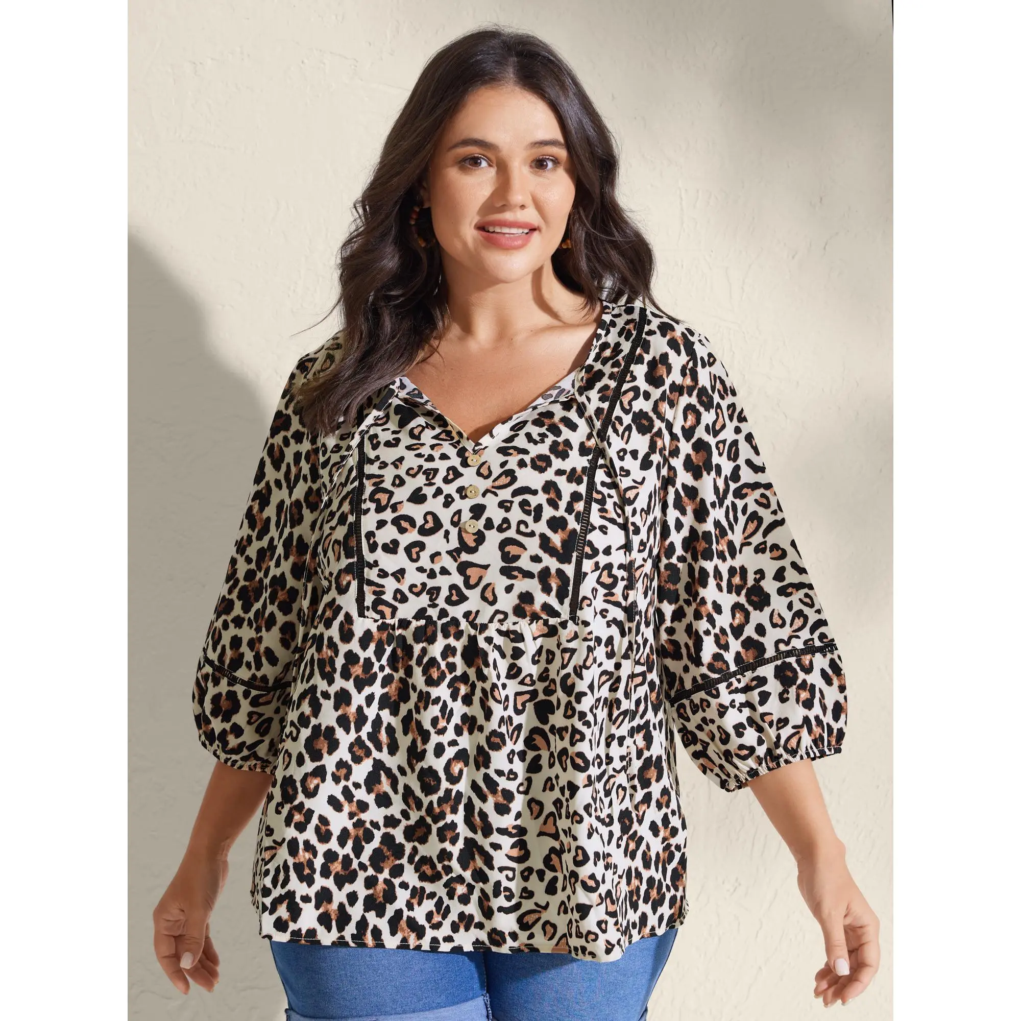 【Summer Turn-Up】【Essential】BlOOMCHIC Plus Size Leopard Print Lace Trim Buttons Blouse [M-6X] 2026 Summerfinds Fit Shirts Spandex Smooth