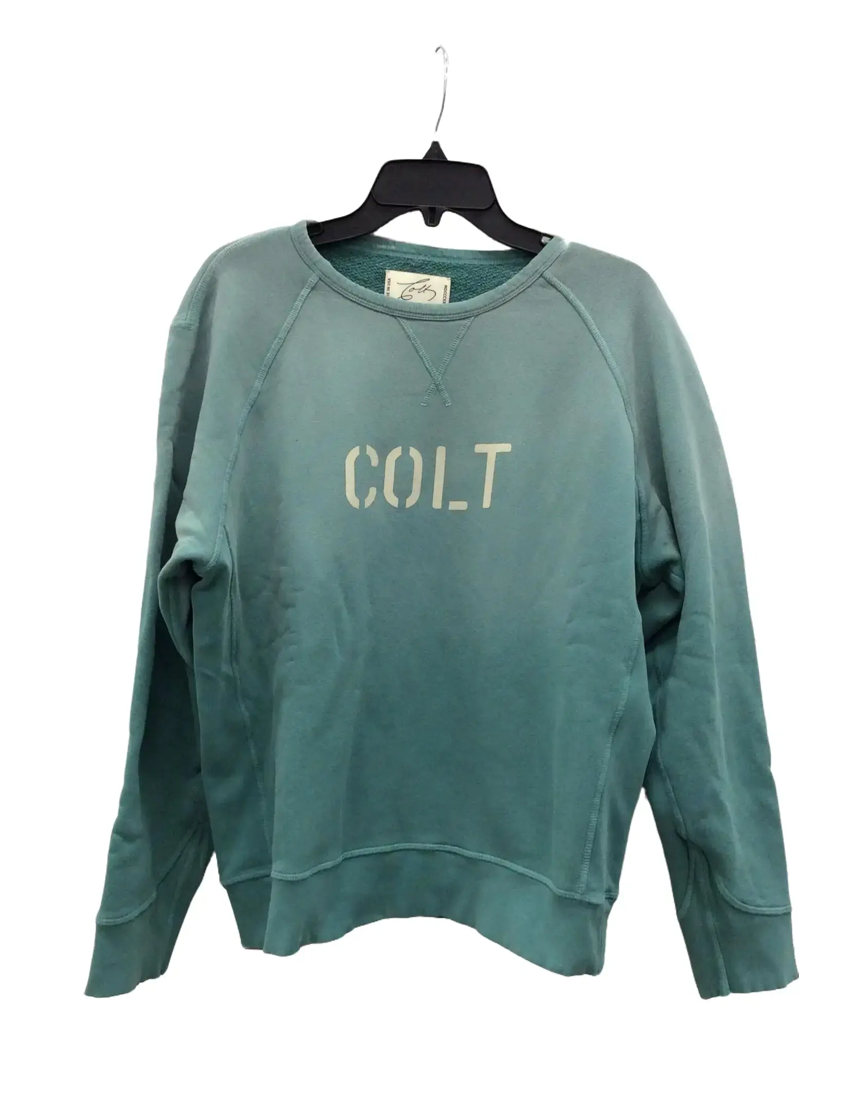 Colt Unisex Casual Pullover Sweatshirt - 100% Cotton Loose Fit Oversize Round Neck Basics Crewneck Top, Sun Faded Stencil Logo, Long Sleeve, Made in USA