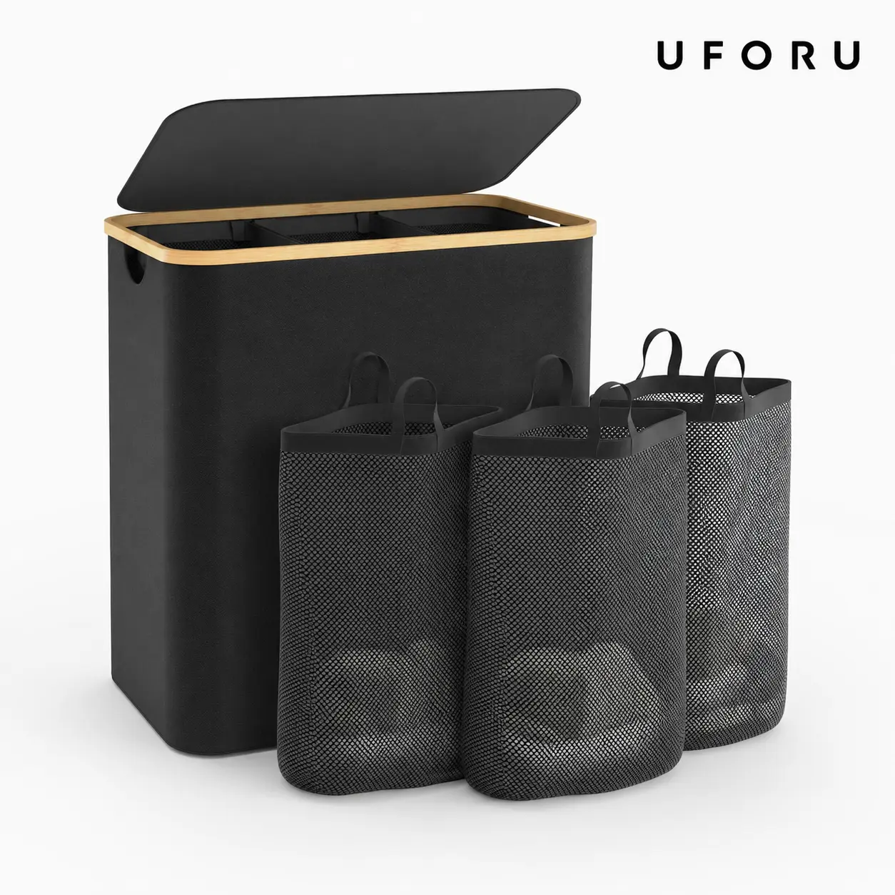 UFORU 160L Dustproof Laundry Hamper with Lid, 3-Section Extra Large Laundry Storage Organizer with Removable Inner Bags & Labels, Foldable Dirty Clothes Basket for Bedroom, Bathroom