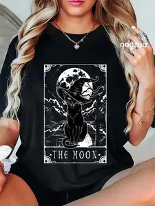 100% Cotton Tarot Card Crescent Moon And Black Cat Witch Hat Halloween T-Shirt