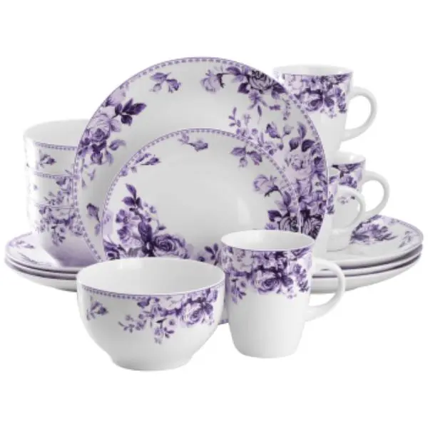 Elama EL-PURPLE-ROSE 5-in-1 Aesthetic Traditional Purple Rose 16-Piece Dinnerware Set, Kitchen Tableware Set, 5-In-1 Dinner Sets