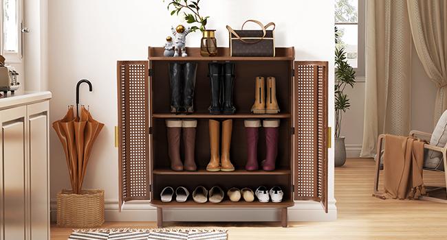Giratree Shoe Cabinet, 5 Tier Boho Wooden Shoe Storage Organizer Cabinet with Adjustable Shelves, Shoes Rack with Iron Rattan Curved Doors Accent Cabinet for Entryway Hallway Living Room