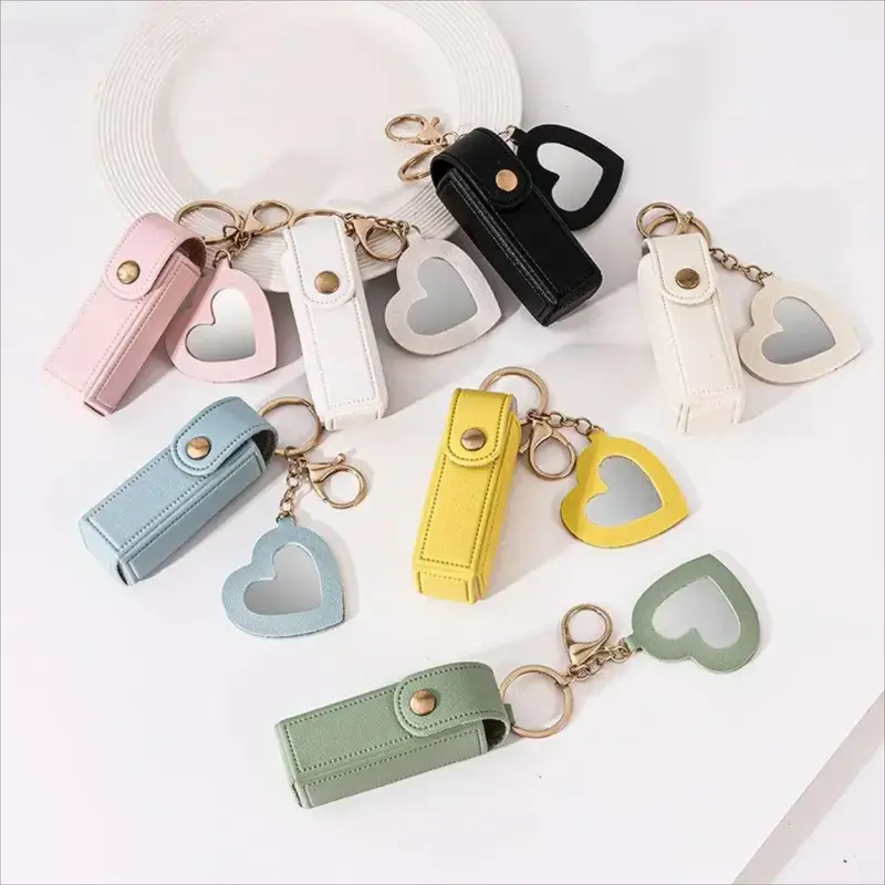 4 Pack PU Leather Lip Balm Holder, Cute Multifunctional Keychain with Mirror for Women & Girls, Portable Chapstick Storage Case for Travel, Portable Storage, Key Accessories, Makeup Products