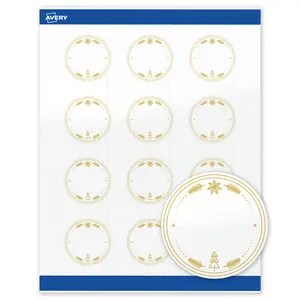 Avery Printable Round Labels, 2" Diameter, Glossy White, Pre-printed Metallic Gold Christmas Trees Design, Sure Feed Technology, Laser & Inkjet Compatible, 240 Total