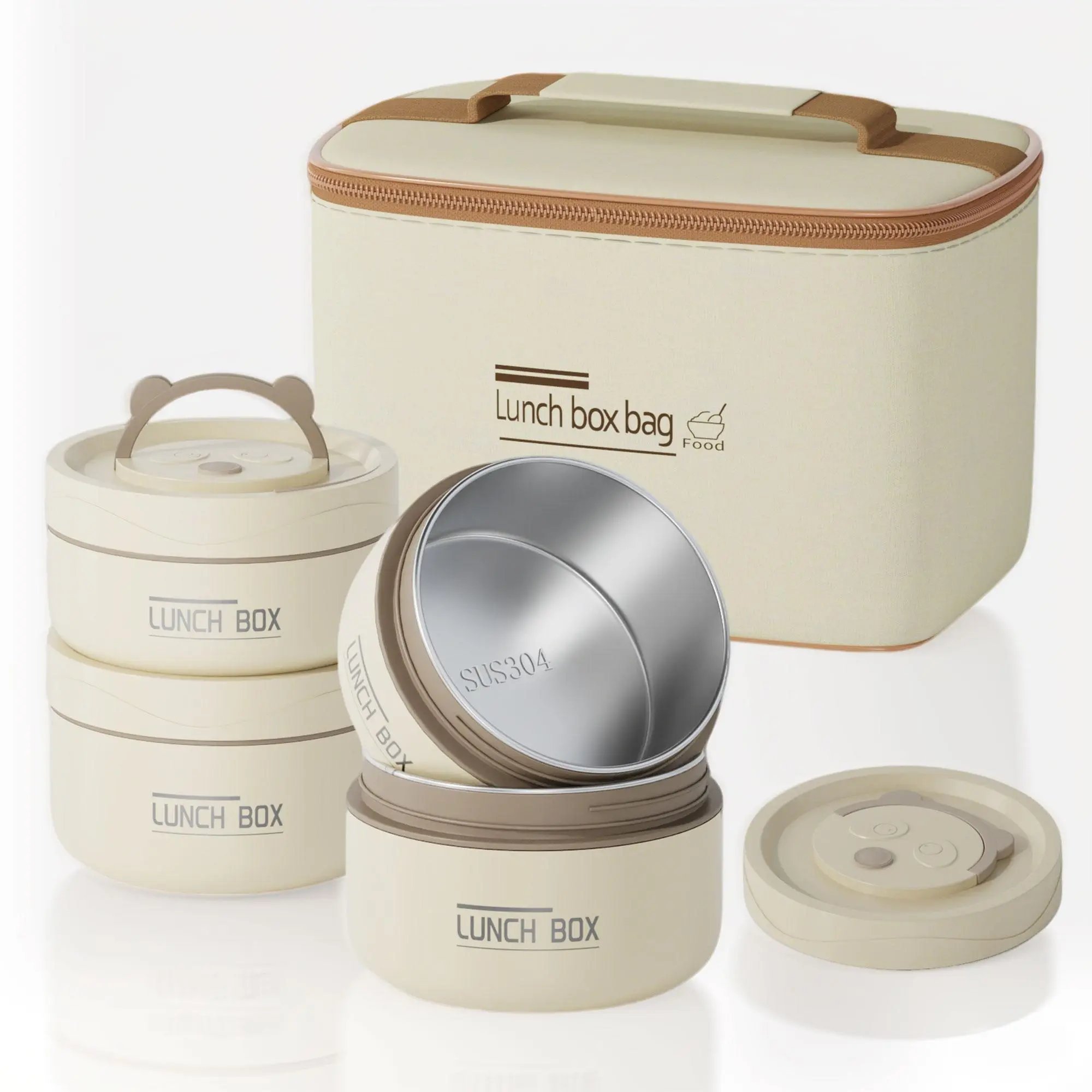 Stainless Steel Meal Prep Lunch Box Set (3/4 Pcs) - Round, Microwave-Safe, Stackable, Leakproof Insulated Thermal Lunch Containers with Beige Bag for Adult To-Go Food & Travel Use, Insulated Lunch Containers