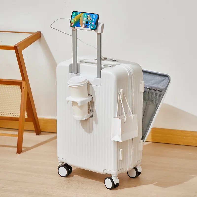 20 Inch Carry On Luggage with Spinner Wheels, Front Opening, PC Hard Shell Suitcase with USB Port, TSA Lock, Lightweight Durable Travel Luggage