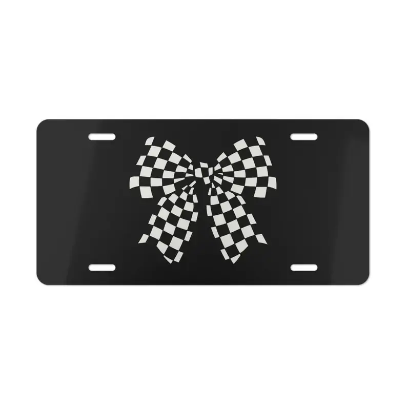 Checkered Coquette Bow Front License Plate, Bow Car Tag