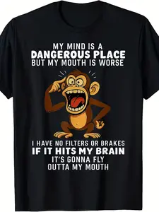 Men'S Funny Monkey Graphic T-Shirt | 180g 100% with "My Mind Is a Dangerous Place" Slogan, Casual Short Sleeve, Perfect for Parties and Holidays, Crew Neck, Slight Stretch Fabric