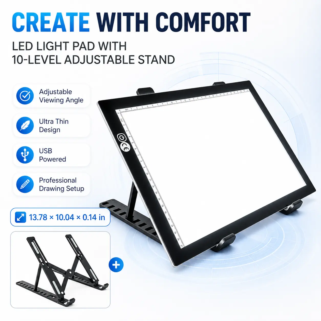 LED Tracing Light Pad - 10-Level Adjustable Stand, USB Port, LED Light Tool for Diamond Painting, DIY Art Projects, Animation Design - Office & Art Supply for Secure Optimal Viewing Angles