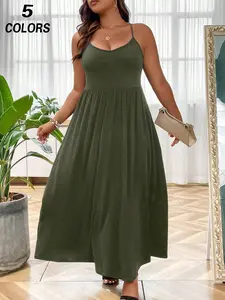 Plus Size Criss Cross Backless Cami Dress, Casual Solid Sleeveless Spaghetti Strap A-Line Dress for Summer, Women's Clothes for Party Holiday