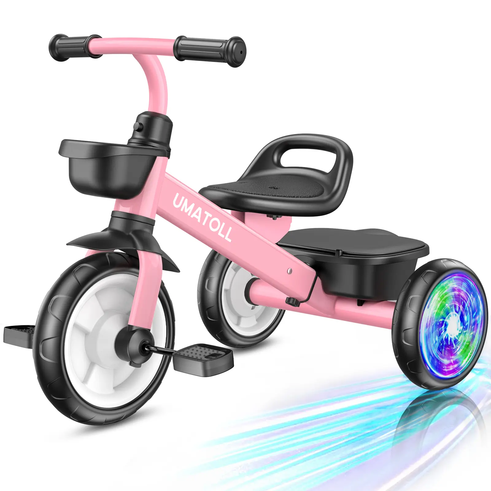 Umatoll Portable Toddler Trike - 2-5 Year Old Toddler Toys, Kids Toys with Adjustable Seat, Light-Up Ride-On Wheels, Durable Carbon Steel Frame & Dual Baskets for Outdoor Play #tiktokshopbacktoschool #glowup