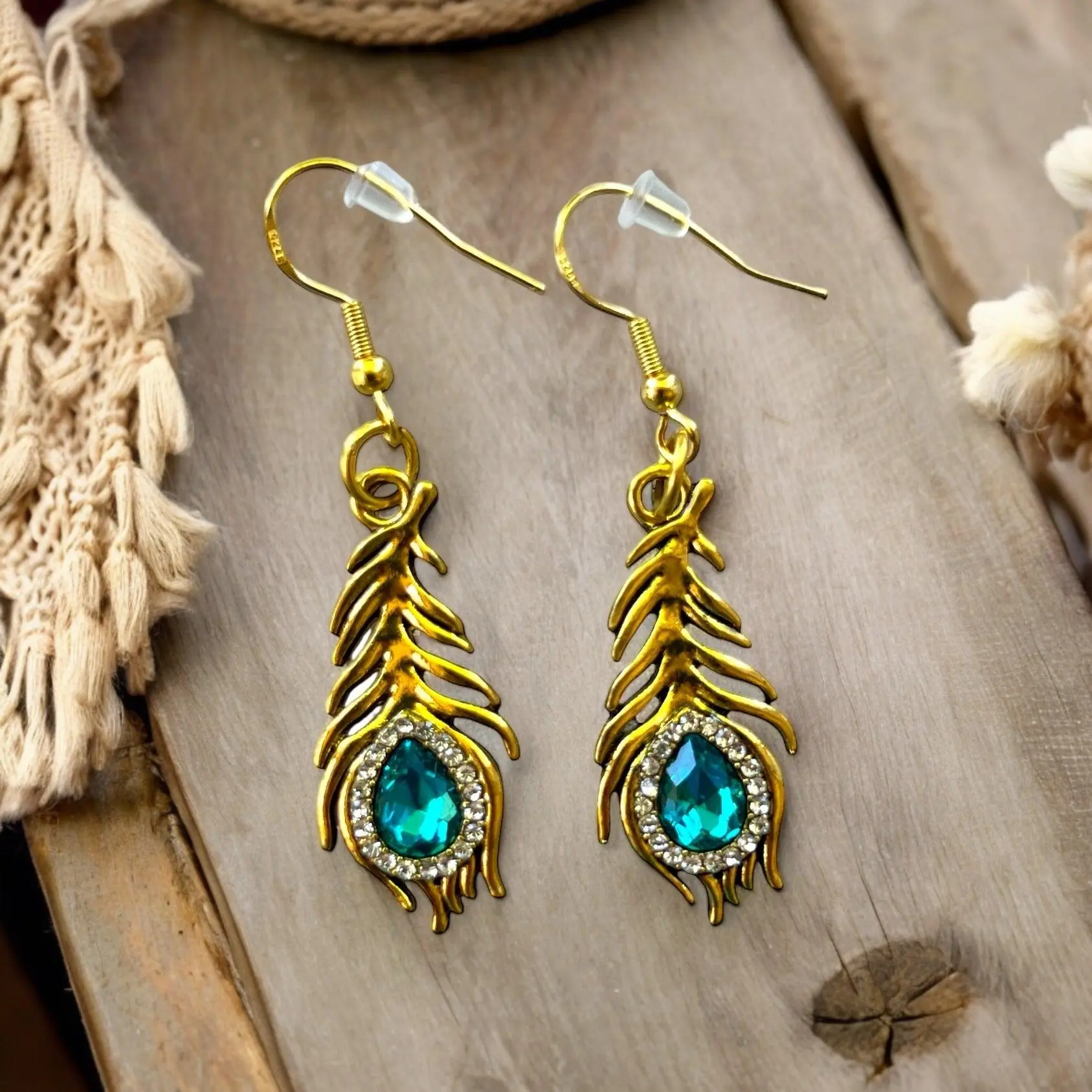 Peacock Feather Earrings – Gold Boho Glam Dangle Jewelry