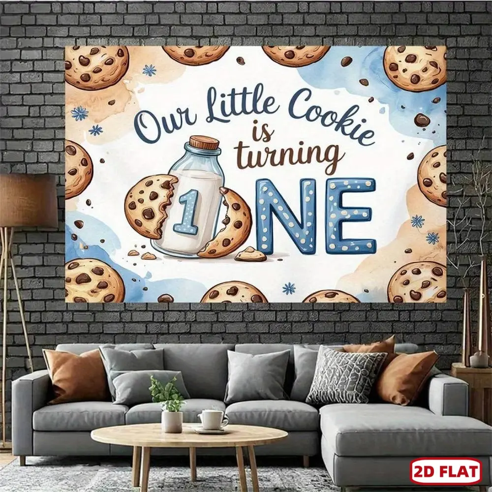 1pc 2D Flat banner Cute Cookie "Our Little Cookie Turns One" Theme Pattern Party Decoration Banner, Anniversary and Photo Studio Prop for Indoor and Outdoor Celebrations, Versatile Wall Decoration Suitable for Home
