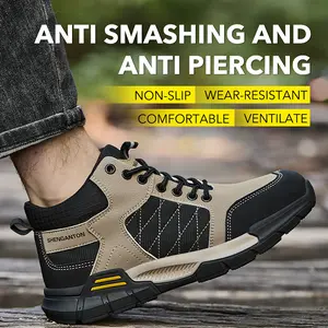 Men’s high-top safety work boots with steel toe cap, anti-impact and anti-penetration protection, lace-up design, durable EVA sole, suitable for hiking, outdoor activities, industrial use, and all-season trekking