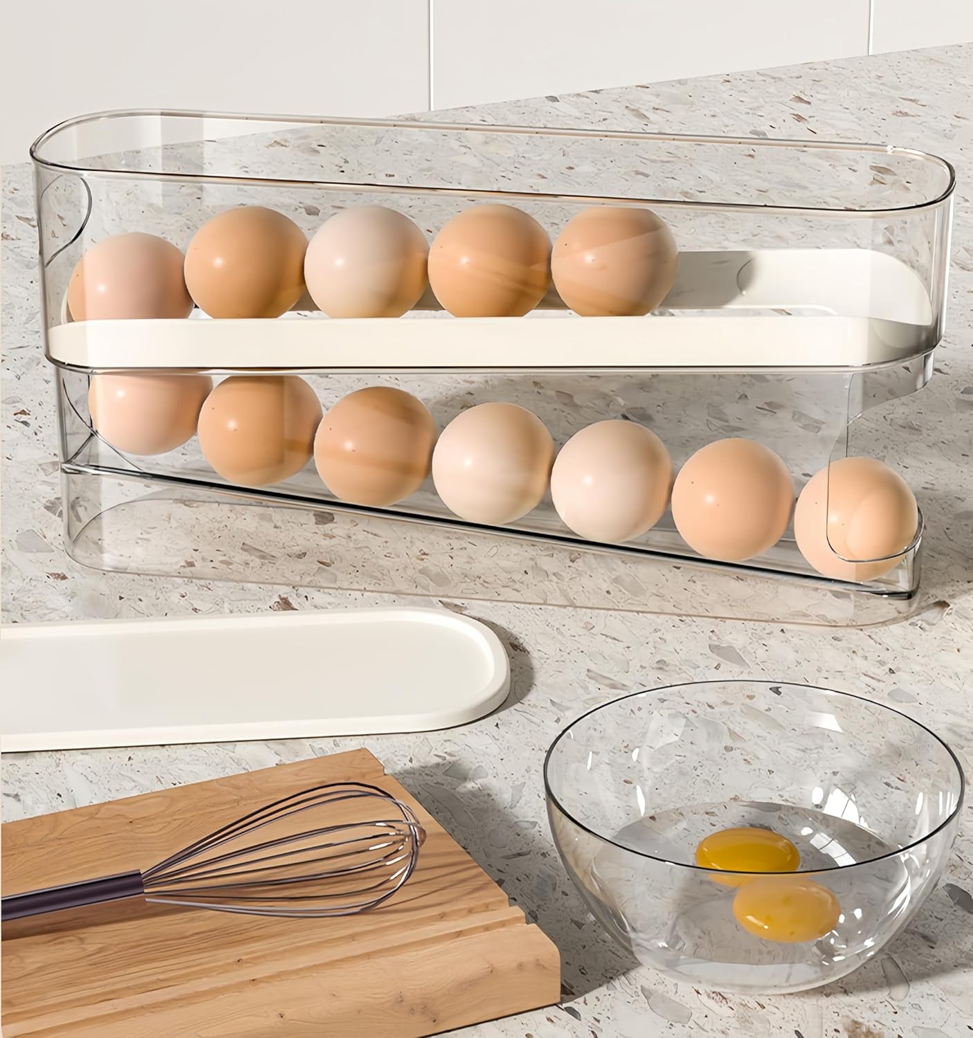 Egg Organizer，Rolling Egg Storage Box Kitchen Multi-Layer Stackable Fridge Organizer Creative Slanted Refrigerator Accessories Side Door Dedicated Automatic Replacement Egg Tray Freshness Box,Mother's Day gift
