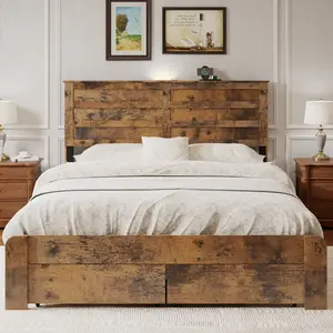 Rustic Wood Platform Bed Frame with 2 Storage Drawers, Headboard with USB Charging, Dark Brown