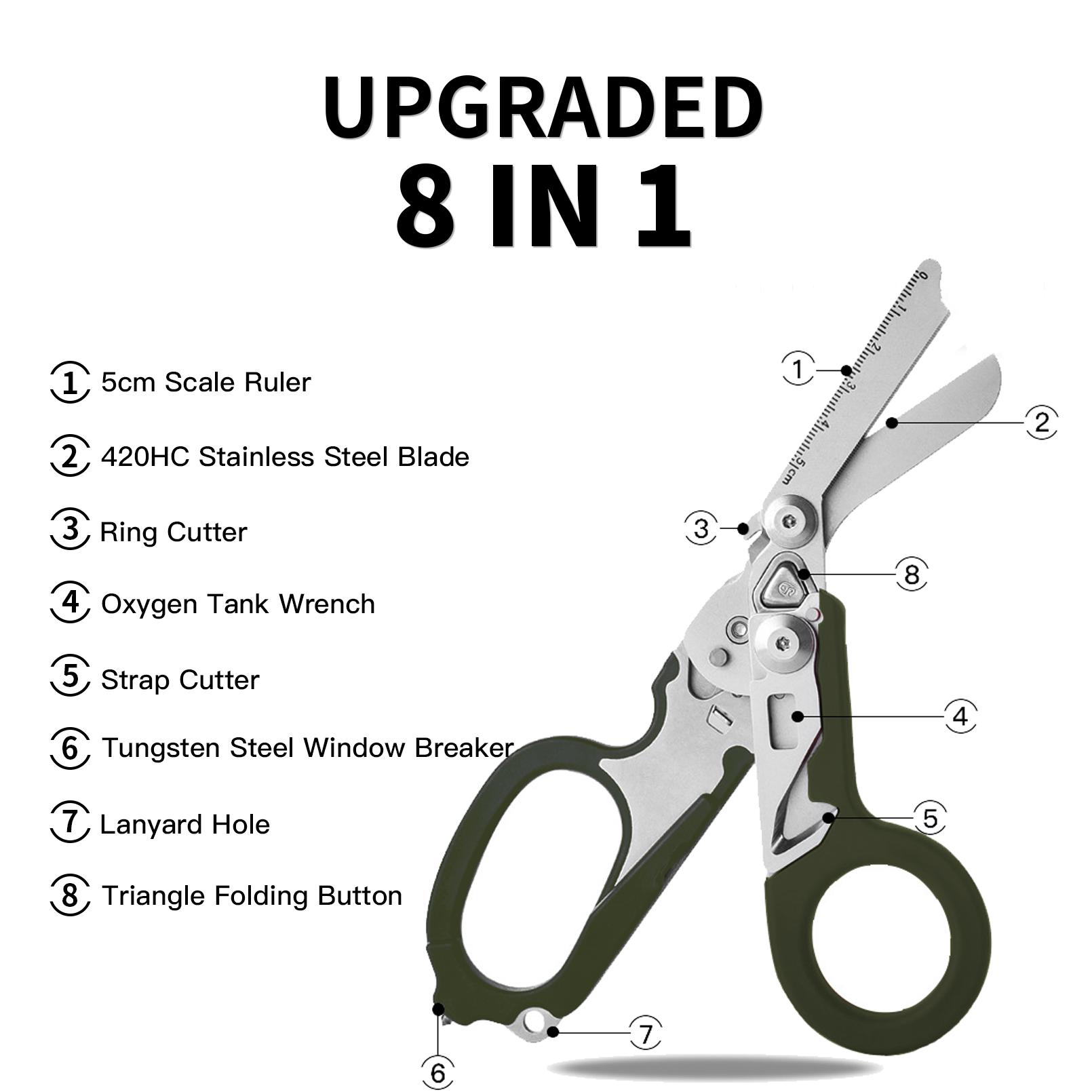8in1 Outdoor Tactical Scissors, 2025 Upgraded EDC Multifunctional Folding Scissors, Medical Emergency Multipurpose Scissors for Outdoor Camping Hiking Home, Hand Tool, Army Green, Christmas Gift