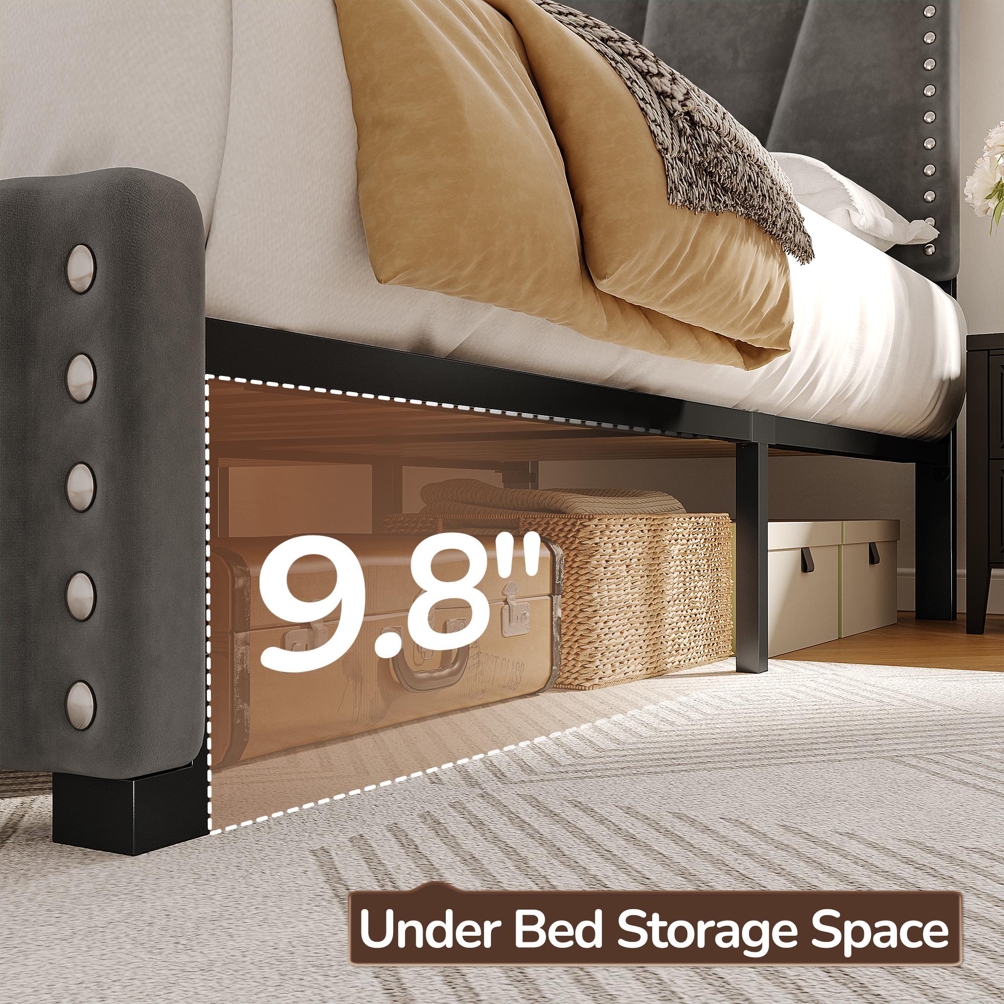 Bed Frame King Size with LED lIghts & Charging Station, Upholstered Queen Bed Frame with Shelves, Luxury Bedframe, Bedroom FurnitureNo Mattress, Noise Free, Holds 880LBS, Wood Slats & Metal Frame, Beige, Gray