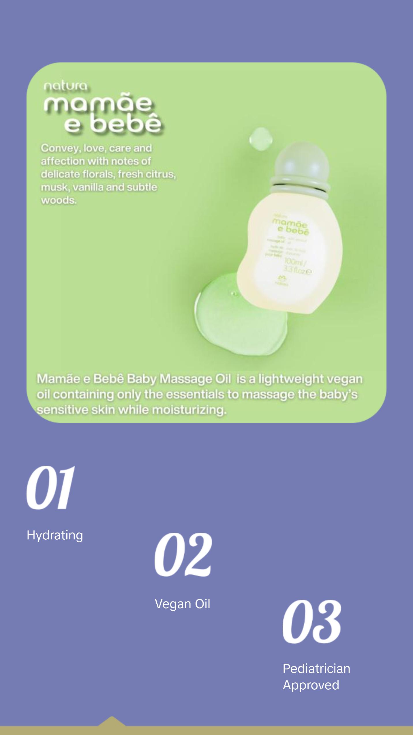 Natura Mamãe e Bebê Baby Massage Oil, Lightweight Vegan Formula, Hydrates & Softens Baby's Sensitive Skin, 3.3 fl oz