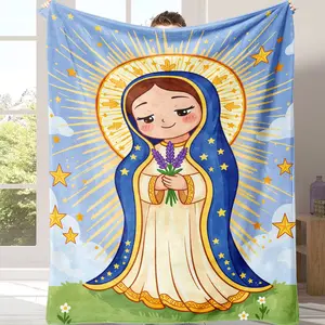 Anime Style Virgin Mary Our Lady Of Guadalupe Cartoon Pattern Flannel Throw Blanket (60in*80in) - Holy Starry Sky Print Soft Comfy Fleece, Lightweight All-Season Spanish Religious Inspirational, Heartfelt Gift for Catholics’ Prayer Room, Cartoon Pattern B