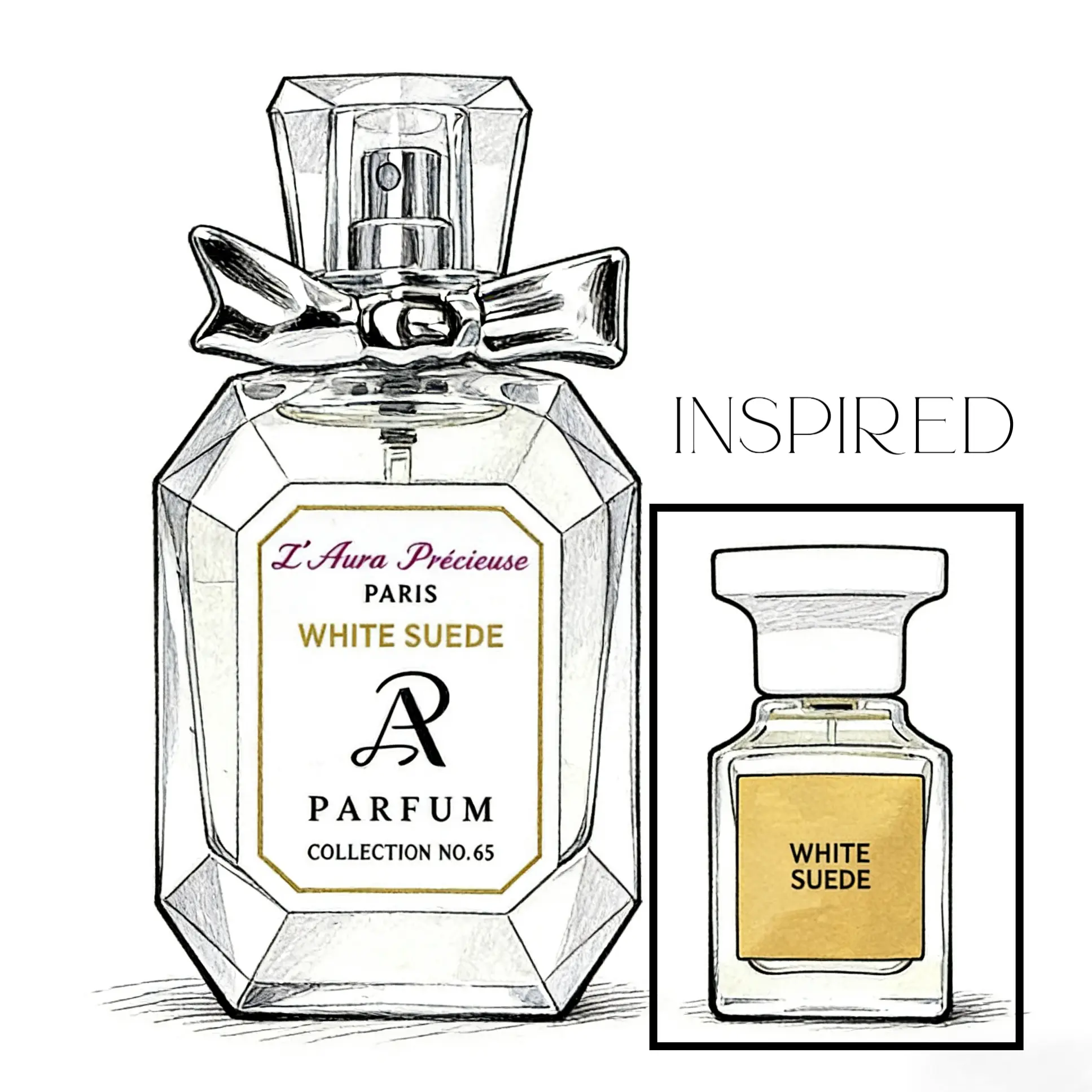 No.65.WHITE SUEDE 2009 Floral Woody Mu-sk Top:Thyme Tea Middle:Lily of the Valley Saffron Rose Base:Suede Mu-sk Sandalwood Frankincense Amber  Size: 30ML 1oz L’Aura Précieuse Women Long Lasting Oil Base Fragrance Parfume