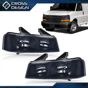 CROSSDESIGN Pair Smoke / Chrome Headlights Fit For 2003-2019 Chevy Express GMC Savana Van