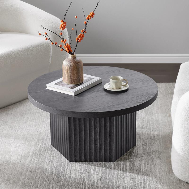 SICOTAS Round Coffee Table for Living Room, Modern Fluted Circle Center Coffee Table with Storage, 32" Accent Tea Dining Table for Apartment, Grey Alder