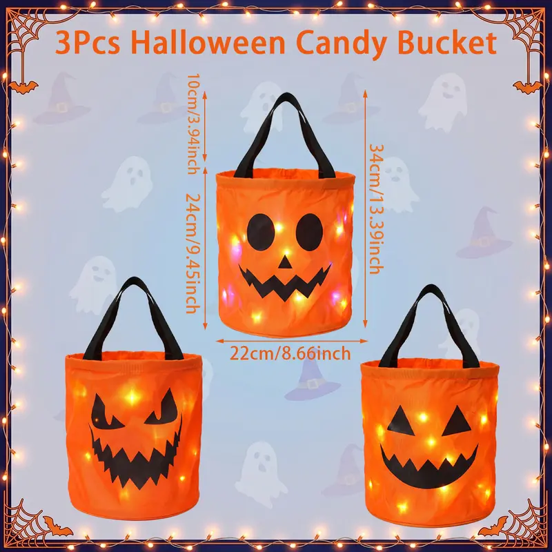 3/4 Pcs Halloween Candy Bucket with LED Lights, 13.39x8.66 Inch Trick or Treat Bags Non Woven Gift Bags Pumpkin Candy Bags Reusable Tote Bags for Kids Students Adults, Night Light Bags for Garden Lawn Decorations, Halloween Christmas Party Favor Supplies 3/4 Pcs Halloween Candy Bucket with LED Lights, 13.39x8.66 Inch Trick or Treat Bags Non Woven Gift Bags Pumpkin Candy Bags Reusable Tote Bags for Kids Students Adults, Night Light Bags for Garden Lawn Decorations, Halloween Christmas Party Favor Supplies