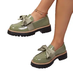 Women's Platform Loafers Bow Slip On Shoes, Chunky Sole Fashion Loafers for Women, Casual Dress Work Shoes, Comfortable Round Toe Slip-On Shoes, Trendy Lug Sole Loafers, Preppy Style Womens Loafers for Office Walking School