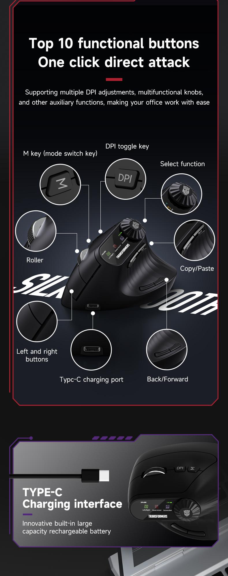 Transformers TF-VM01 Vertical Wireless Bluetooth Dual-Mode Silent Mouse for Medium & Large Hands Rechargeable Portable Ergonomic Design Black Efficient Performance Enhance Productivity TikTokShopHolidayHaul