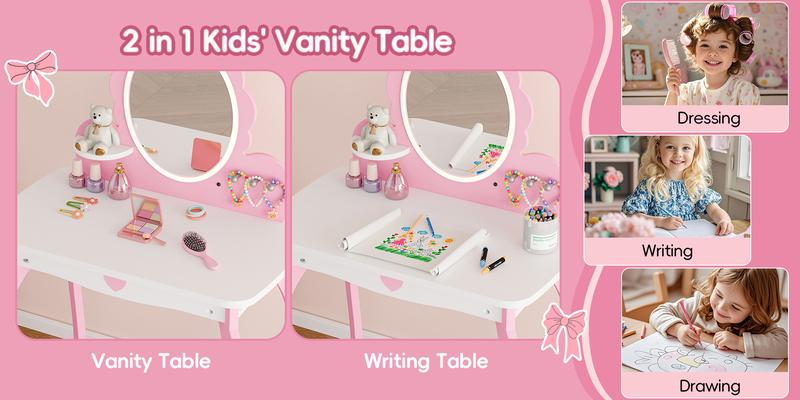 Topwin Kids Vanity Set, Kids Make up Vanity with Lighted Mirror and Stools, Princess Dressing Table for Toddler, Little Girl, Pink