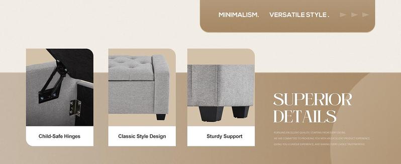 Ottoman with Storage, Storage Ottoman Bench with Safety Hinge, Upholstered Storage Bench with Seating for Bedroom, Living Room, Holds up to 330 lb