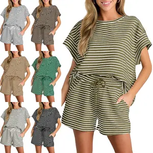 LAICIGO Women's Summer Fashion 2-Piece Loungewear Set Casual Cozy Striped Short Sleeve T-Shirt and Shorts Set