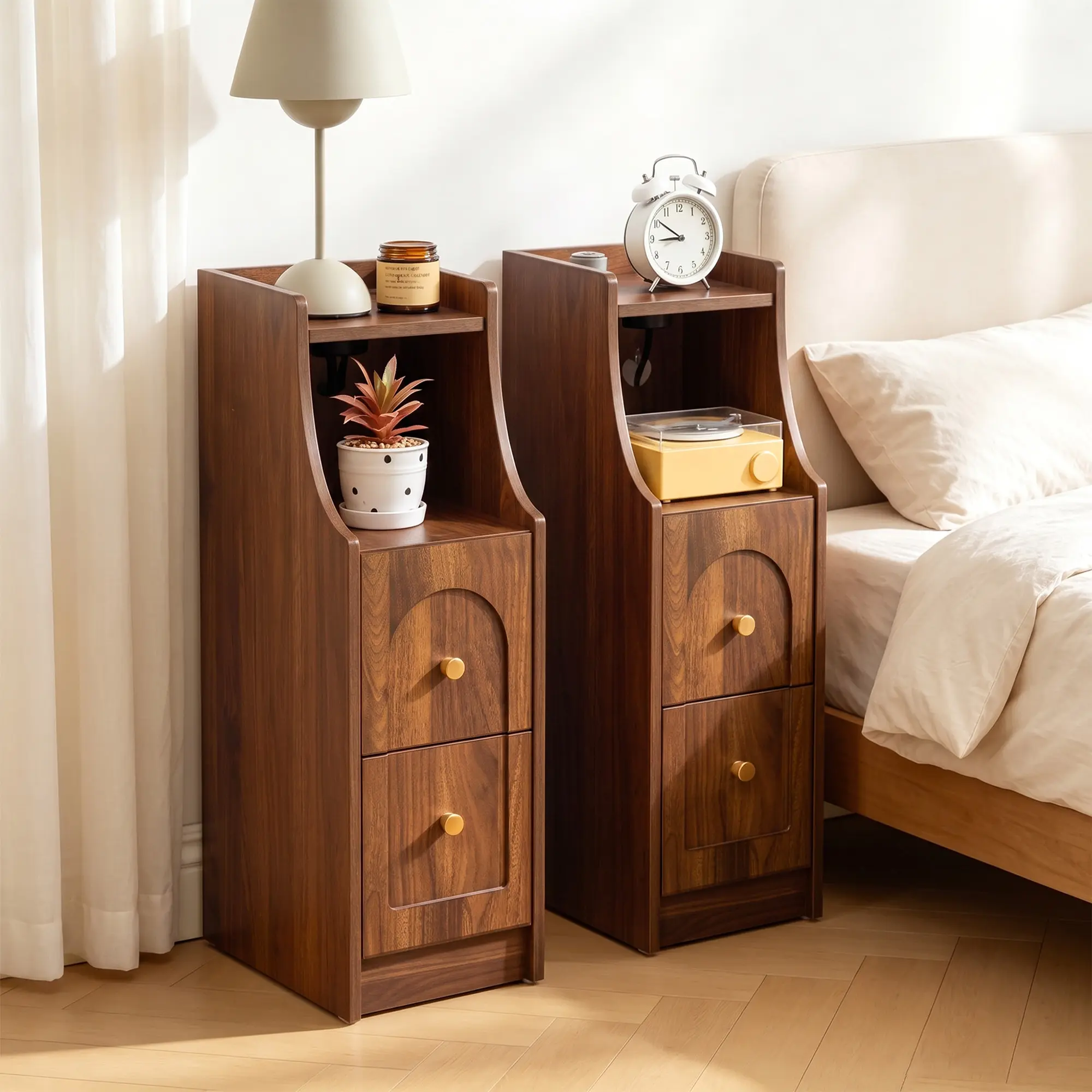 Giratree Ultra Narrow Nightstand with Charging Station, Slim Bedside Table with Hidden Power Outlet, 2 Drawers & Open Shelf, Mid-Century Modern End Table with Fenced Top for Small Spaces