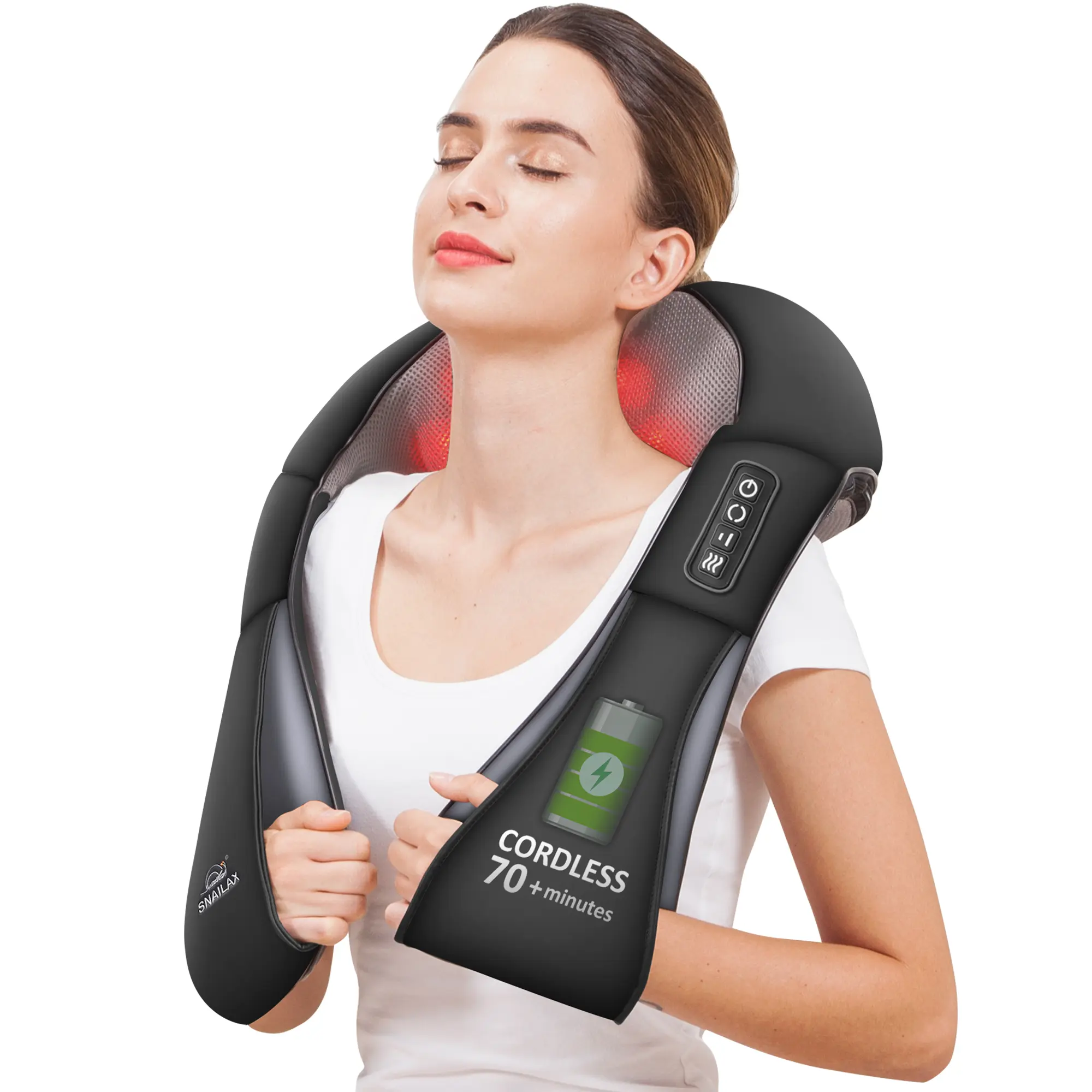 Snailax Rechargeable Cordless Shiatsu Neck and Shoulder Massager with Heat, Portable 3D Kneading Electric Massage Pillow - Neck Shoulder Relaxer, Muscle Massager for Back, FSA Eligible, Gift for Men/Women, 2 Charging Adapters, Portable Neck Relaxer