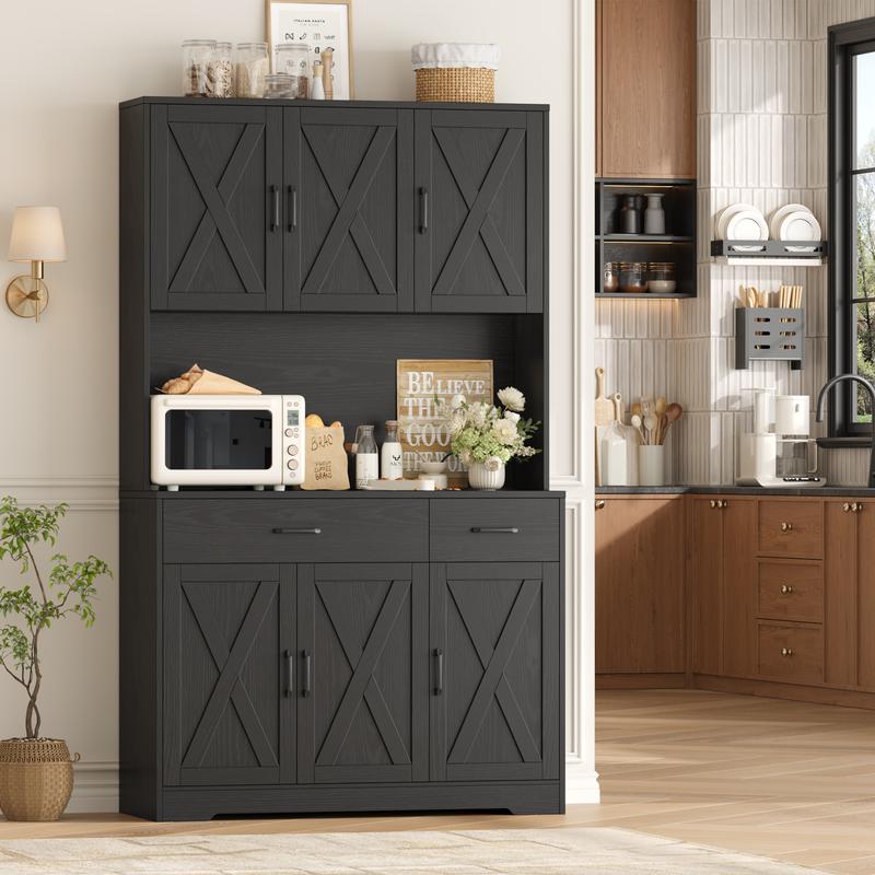 【2 packages shipping】HOSTACK 71" Tall Kitchen Pantry Storage Cabinet, Coffee Bar Cabinet with Charging Station,  Microwave Stand, Storage Drawers, Adjustable Shelves, 6 Doors