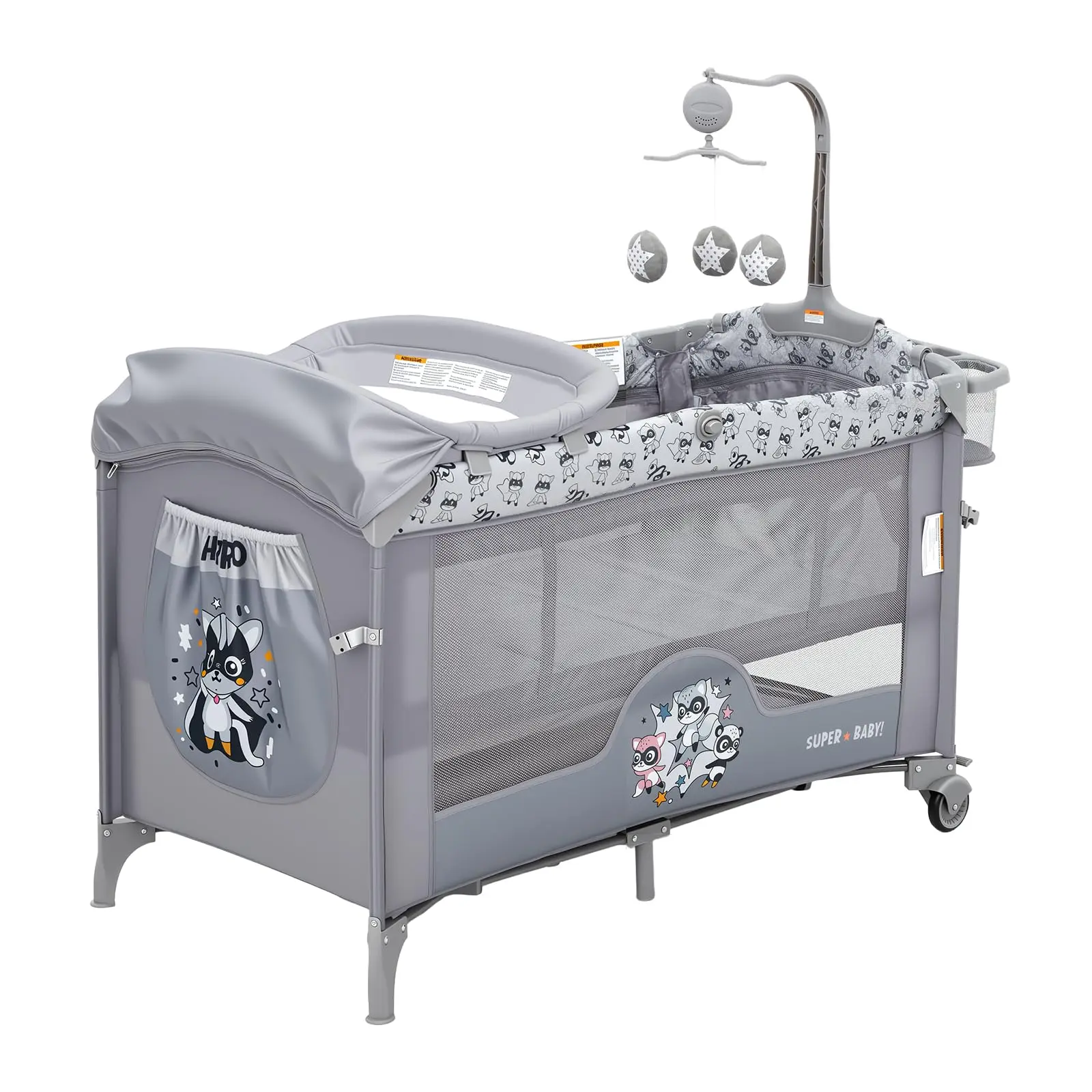 Gaomon 4-in-1 Foldable Portable Multi-Use Baby Nursery Center (Light Grey Fabric) - Newborn & Babies Bassinet Bedside Sleeper with Adjustable Size, Breathable Mesh, Detachable Changing Table, Locking Wheels, Zip Door, Storage, Toy Rack, 8 - 9 Years