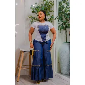 Denim & Diamonds Embellished Top & Wide Leg Pants, Curvy Stretch Rhinestone Bling 2-Piece Outfit